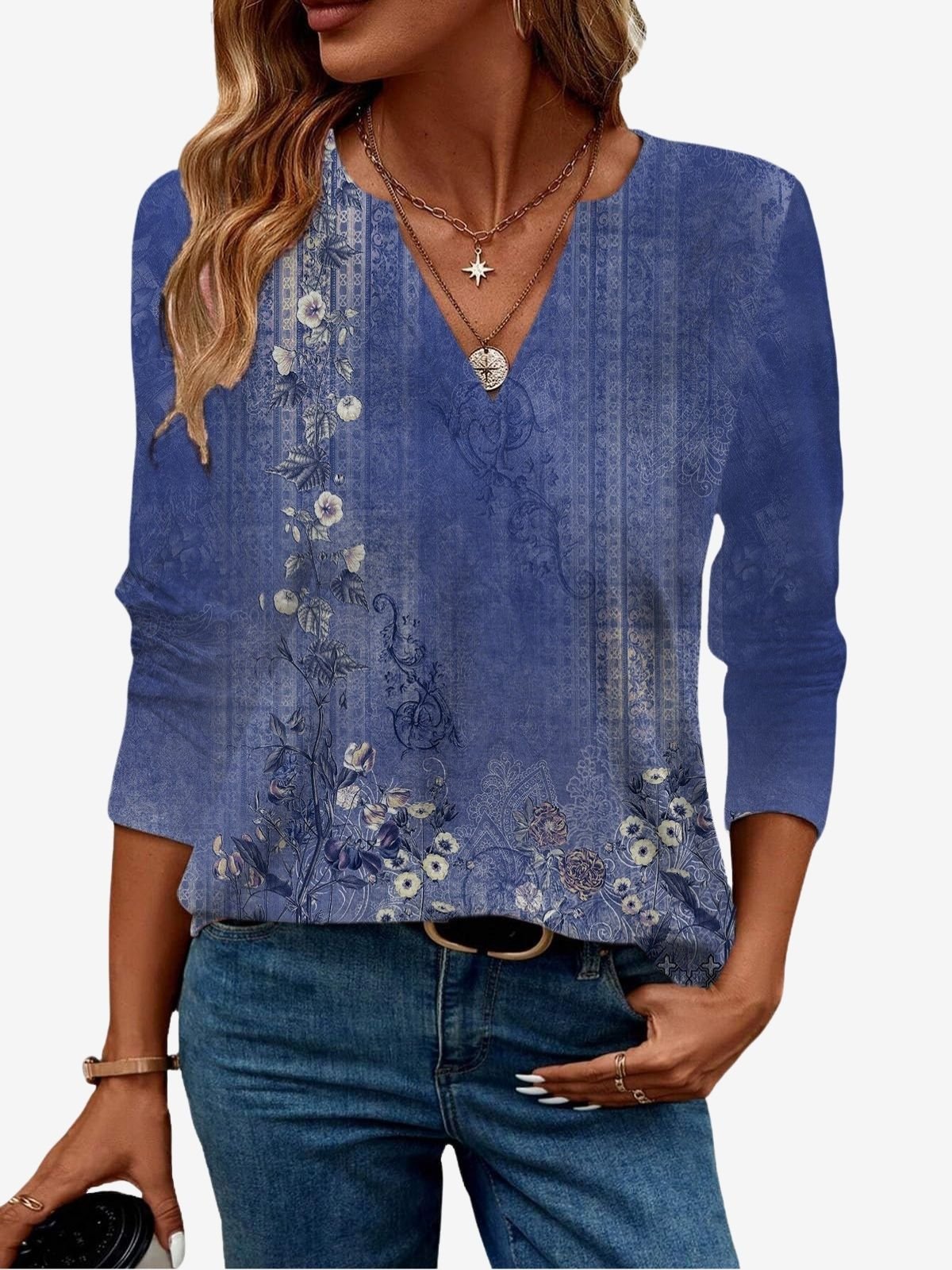 Women's Long Sleeve Blouse Spring/Fall Ethnic Jersey V Neck Daily Going Out Casual Top