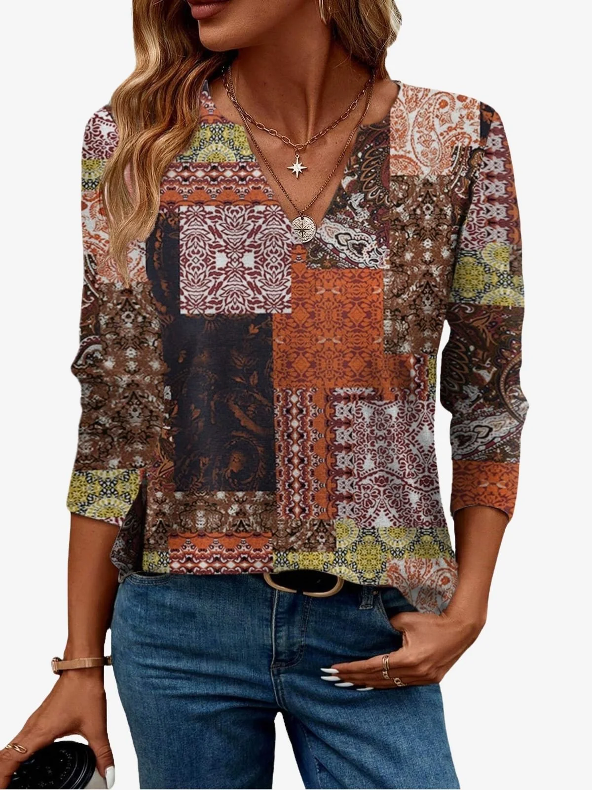 Women's Long Sleeve Blouse Spring/Fall Botanical Pattern Jersey V Neck Daily Going Out Casual Top