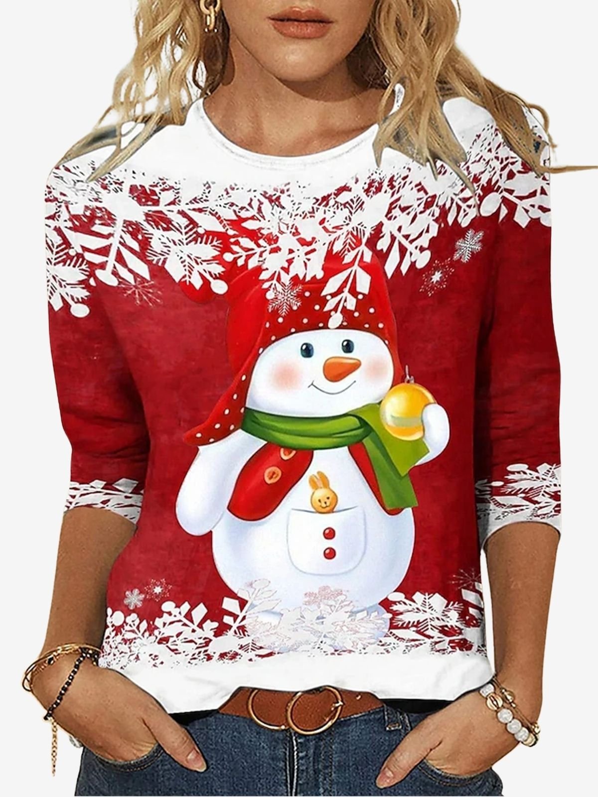 Women's Long Sleeve Tee T-shirt Spring/Fall Christmas Snowman Printing Jersey Crew Neck Holiday Going Out Casual Top