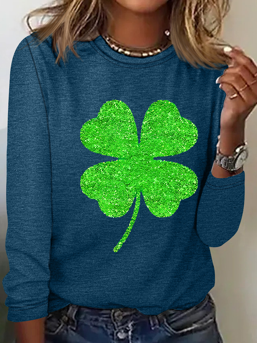 Women's Four-leaf Clover Long Sleeve Blouse_ Spring/Fall Crew Neck Daily Casual Top