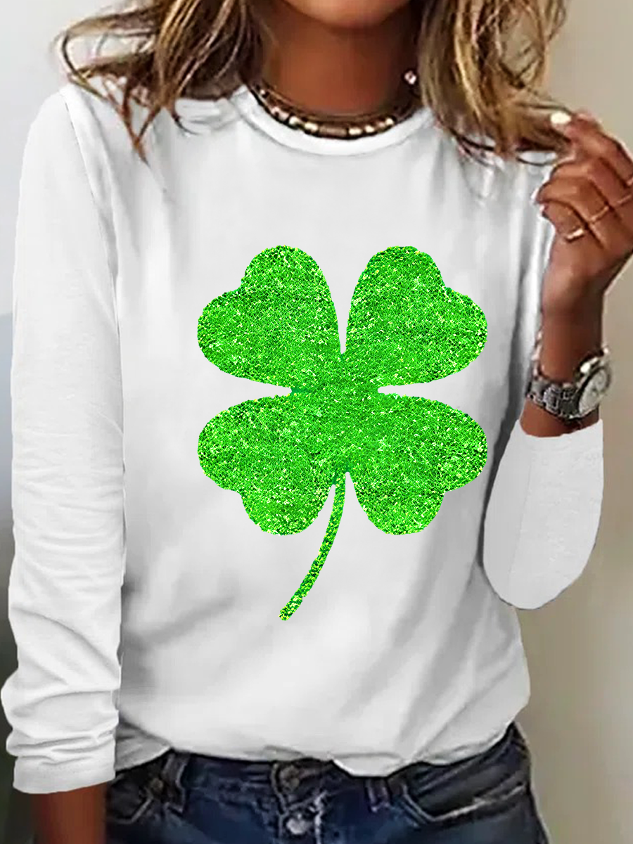 Women's Four-leaf Clover Long Sleeve Blouse_ Spring/Fall Crew Neck Daily Casual Top