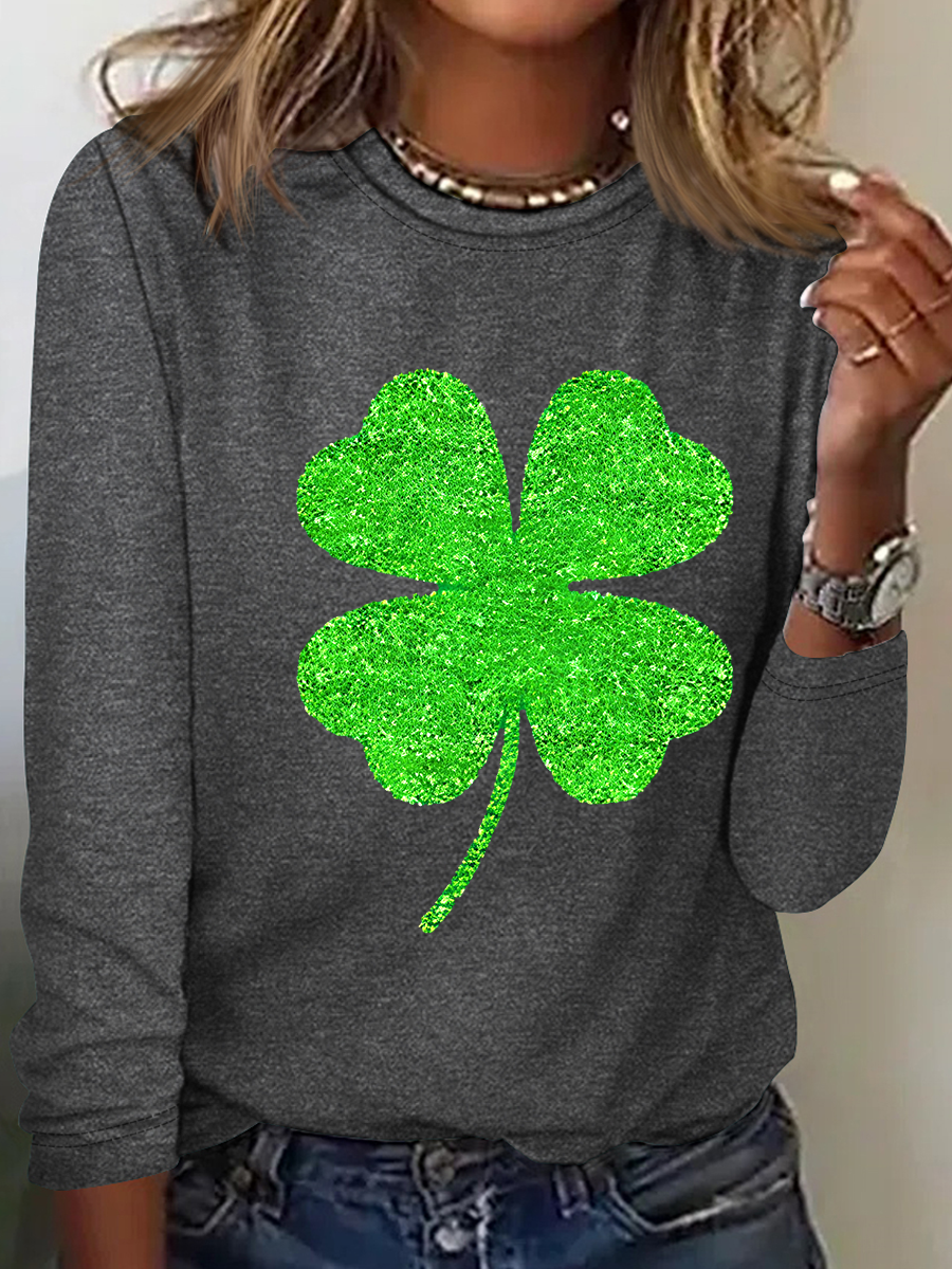 Women's Four-leaf Clover Long Sleeve Blouse_ Spring/Fall Crew Neck Daily Casual Top