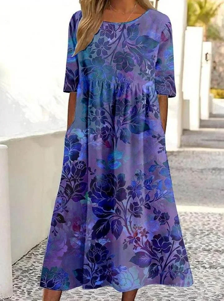 Women's Half Sleeve Summer Floral Dress Crew Neck Daily Going Out Vintage Maxi Shirt Dress A-Line Dress