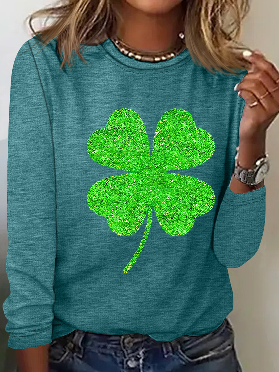 Women's Four-leaf Clover Long Sleeve Blouse_ Spring/Fall Crew Neck Daily Casual Top