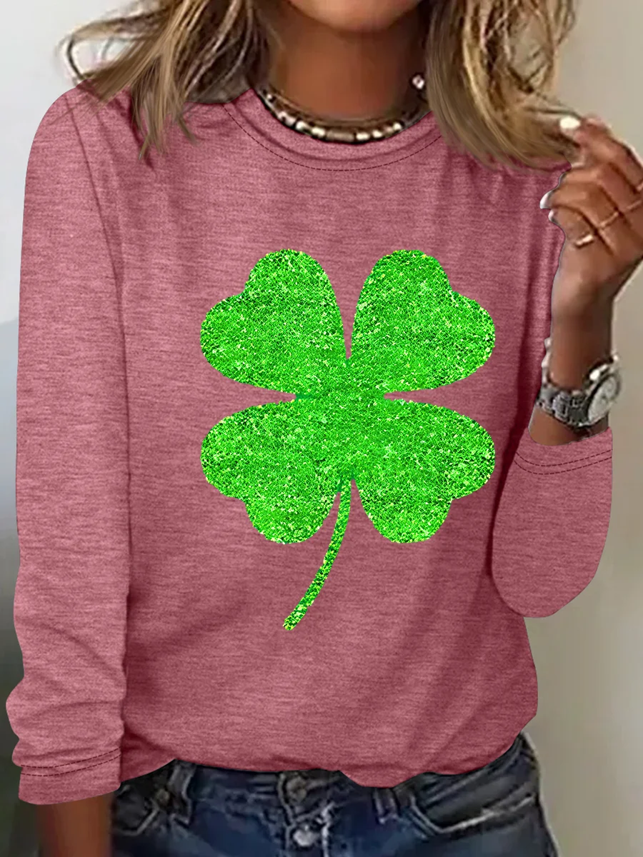 Women's Four-leaf Clover Long Sleeve Blouse_ Spring/Fall Crew Neck Daily Casual Top