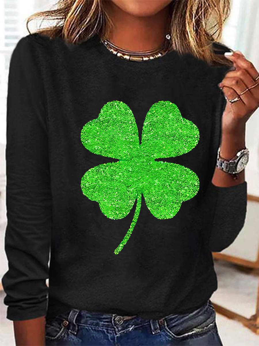 Women's Four-leaf Clover Long Sleeve Blouse_ Spring/Fall Crew Neck Daily Casual Top