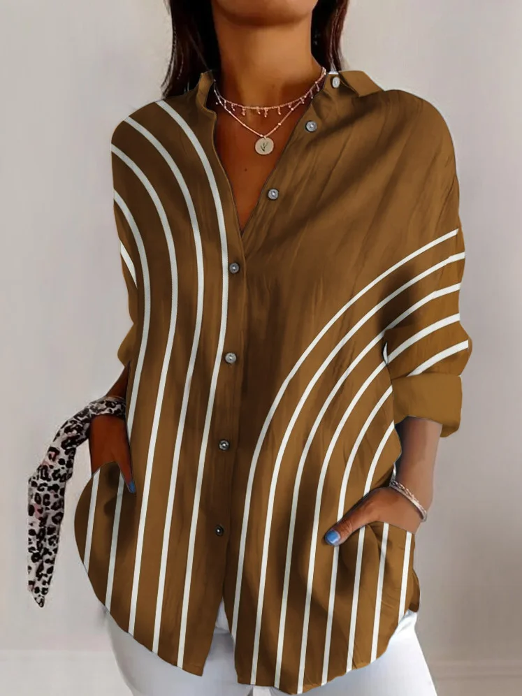 Women's Long Sleeve Shirt Spring/Fall Geometric Cotton Shirt Collar Daily Going Out Casual Top