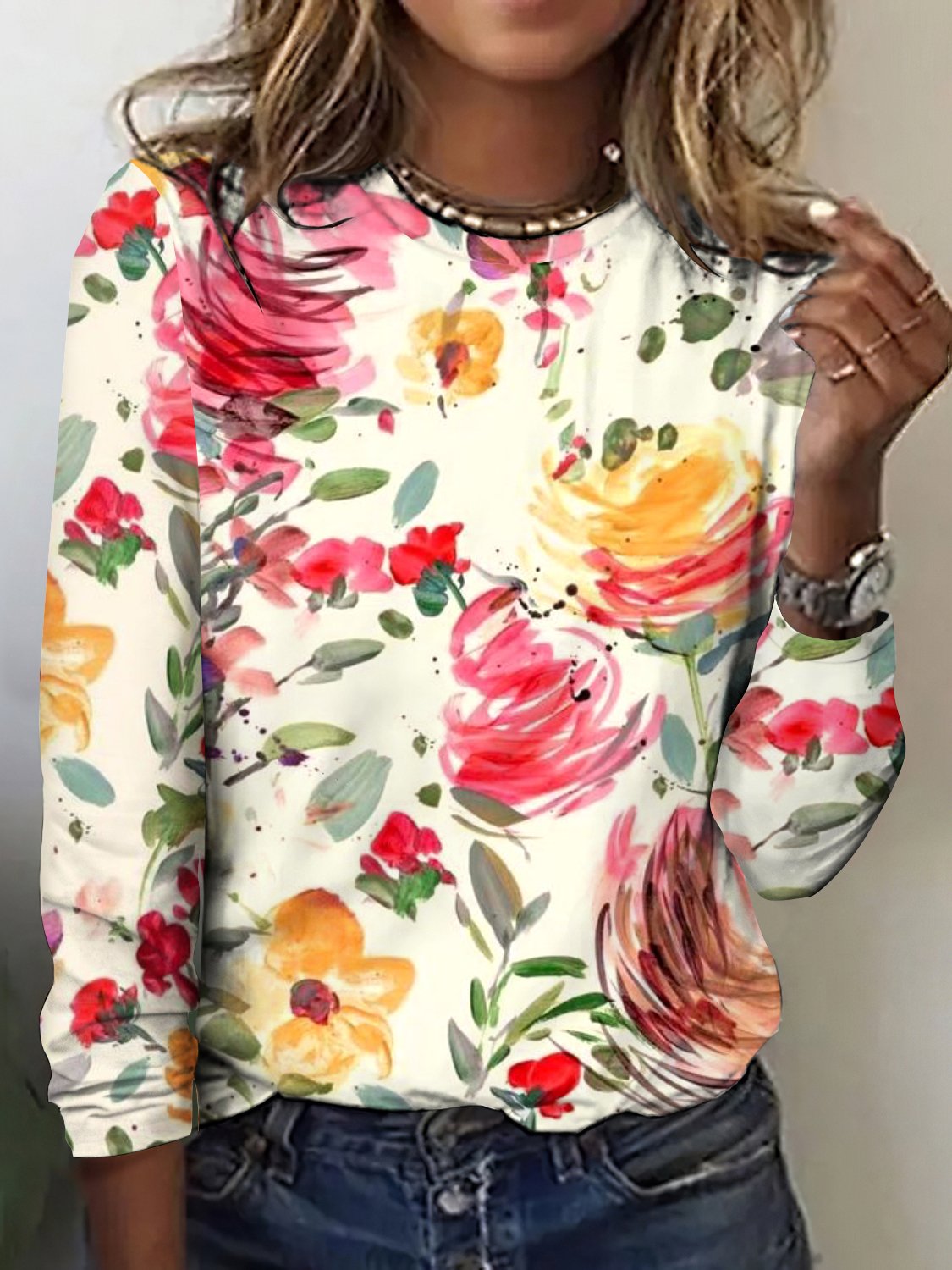 Women's Floral Long Sleeve Tee T-shirt Crew Neck Vintage Spring/Fall Top