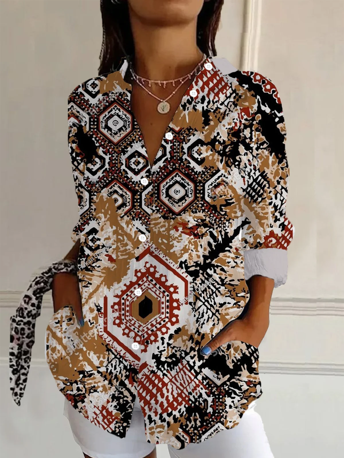 Women's Long Sleeve Shirt Spring/Fall Ethnic Shirt Collar Daily Going Out Casual Top