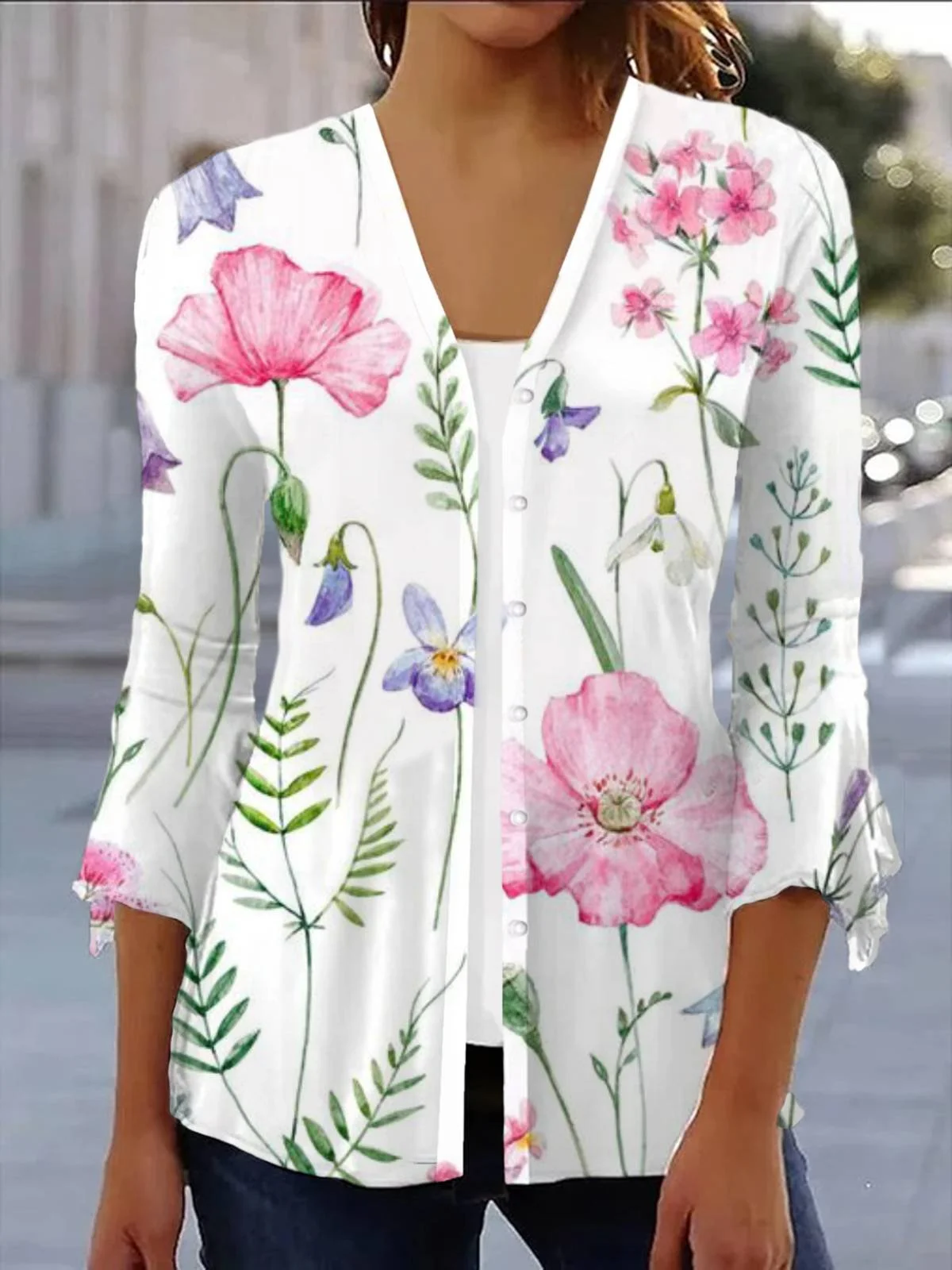 Women's Spring/Fall Outerwear Casual Floral Jersey Shawl Jacket