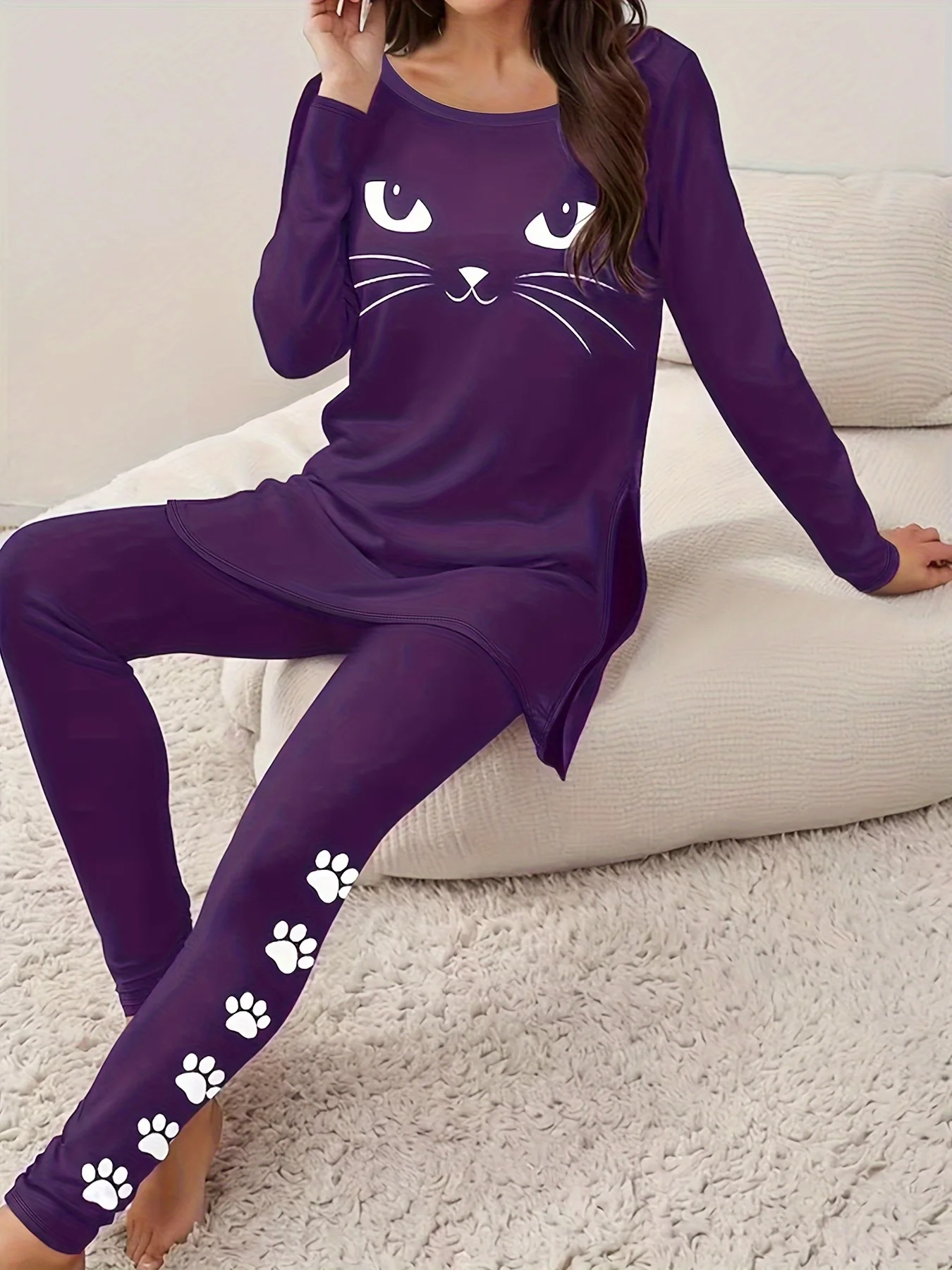 Women's Jersey Cat Daily Going Out Two Piece Set Long Sleeve Casual Spring/Fall Top With Pants Matching Set