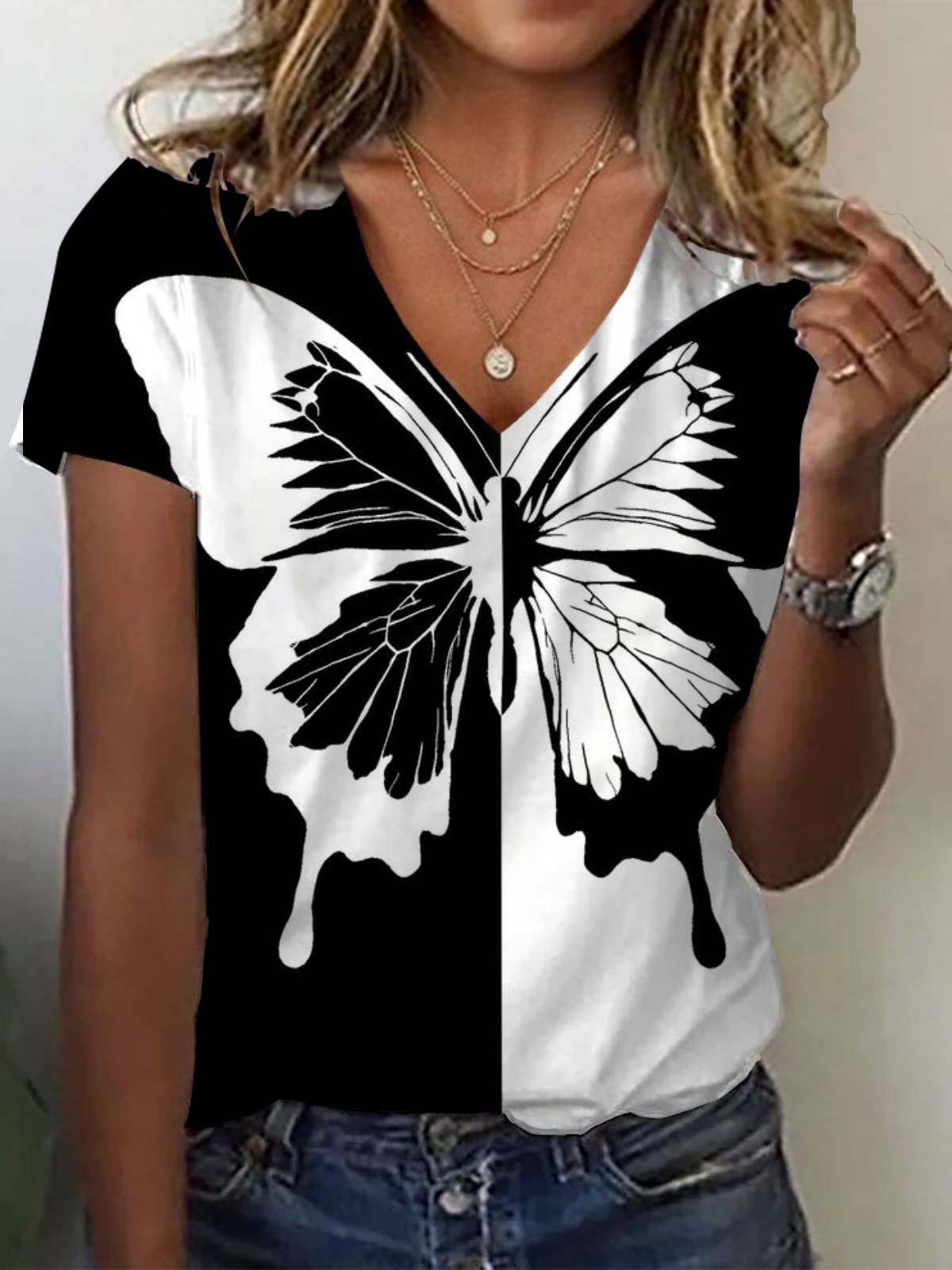 Women's Short Sleeve Tee T-shirt Summer Butterfly V Neck Casual Top