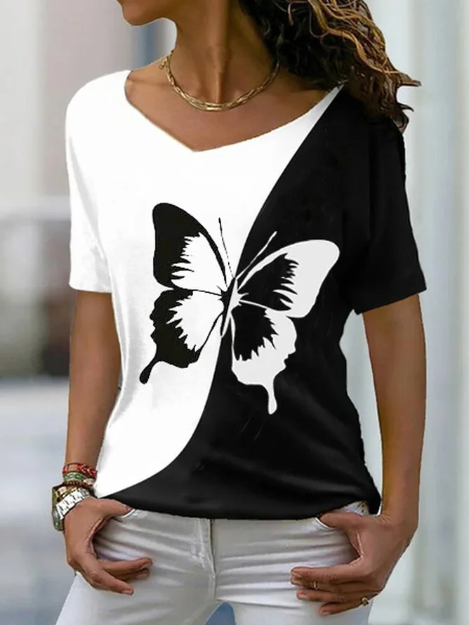 Women's Short Sleeve Tee T-shirt Summer Butterfly V Neck Casual Top