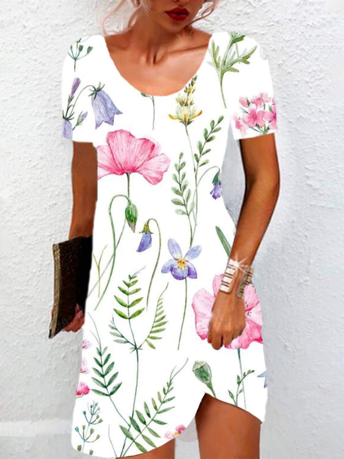 Women's Short Sleeve Summer Floral Dress Crew Neck Daily Going Out Casual Mini H-Line TUNIC