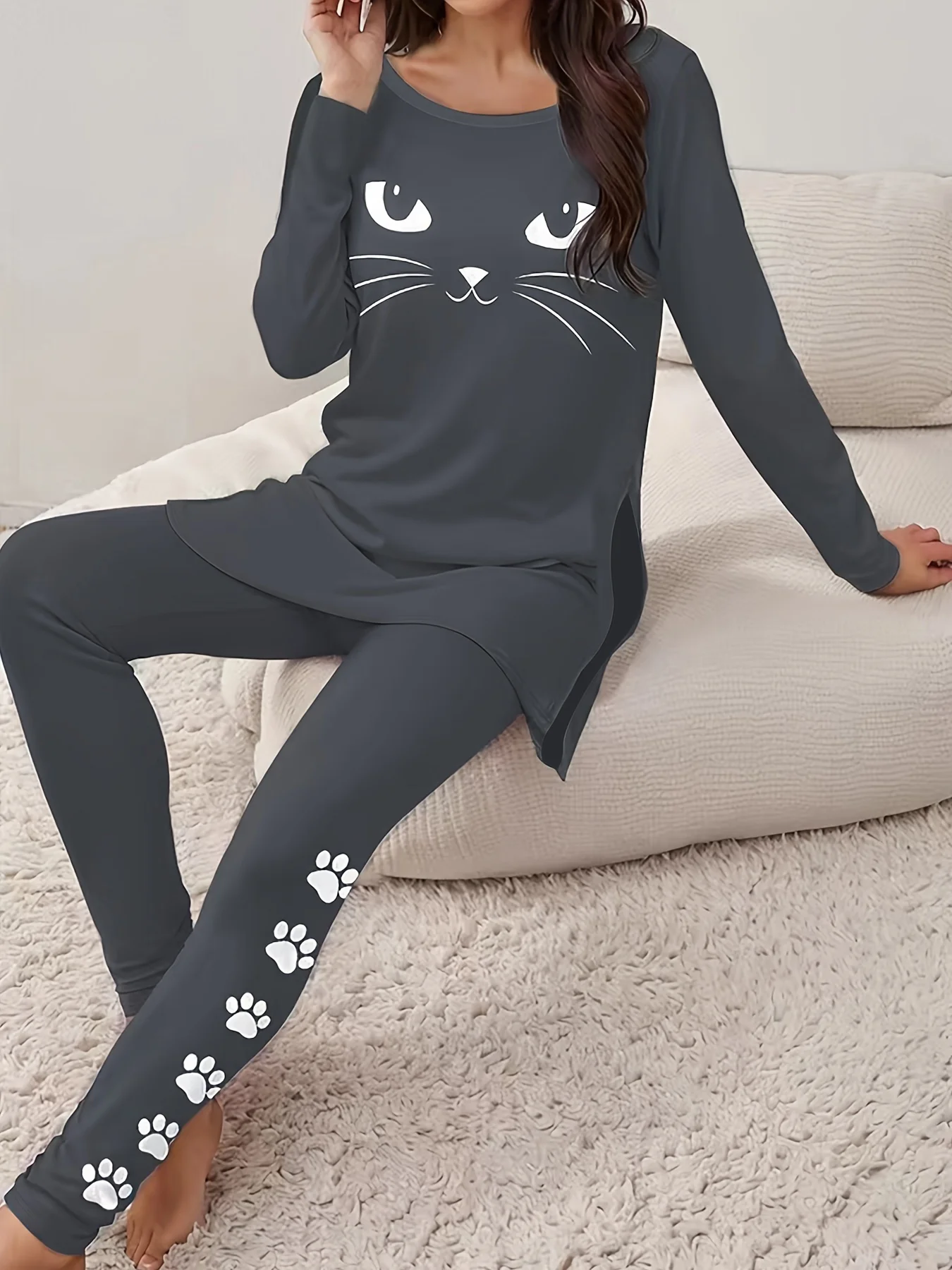 Women's Jersey Cat Daily Going Out Two Piece Set Long Sleeve Casual Spring/Fall Top With Pants Matching Set