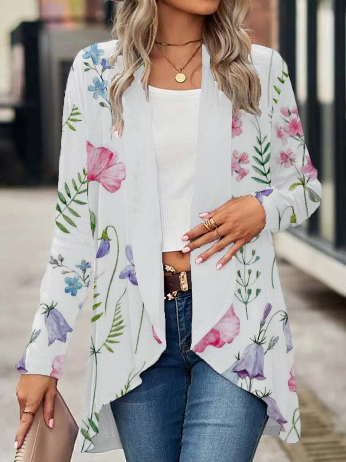 Women's Spring/Fall Outerwear Casual Floral Jersey Shawl Jacket