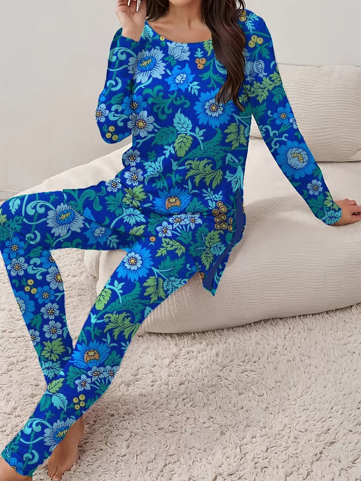 Women's Jersey Floral Daily Going Out Two Piece Set Long Sleeve Casual Spring/Fall Top With Pants Matching Set