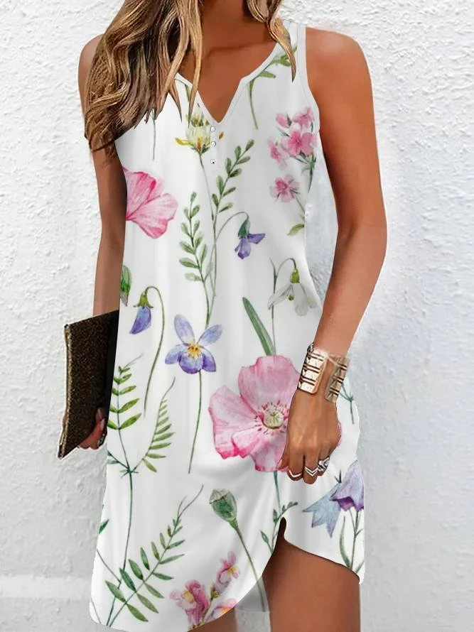 Women's Sleeveless Summer Floral Buckle Dress Notched Daily Going Out Casual Mini H-Line Tank