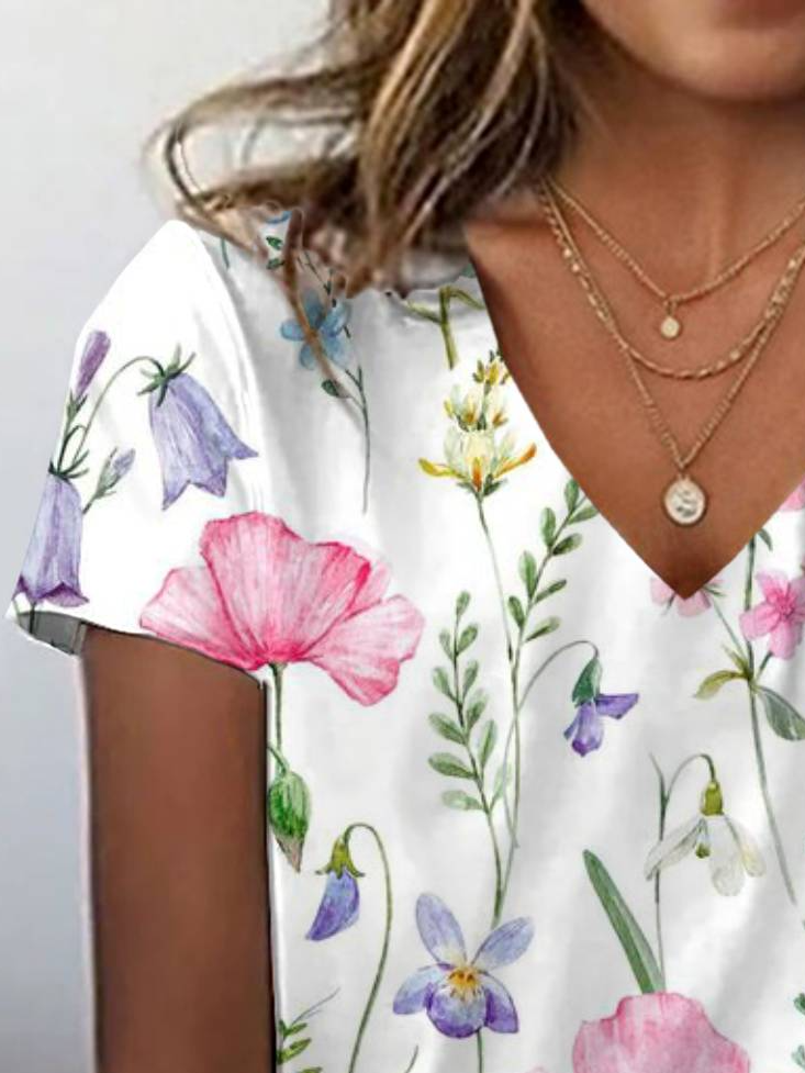 Women's Short Sleeve Tee T-shirt Summer Floral Jersey V Neck Daily Going Out Casual Top