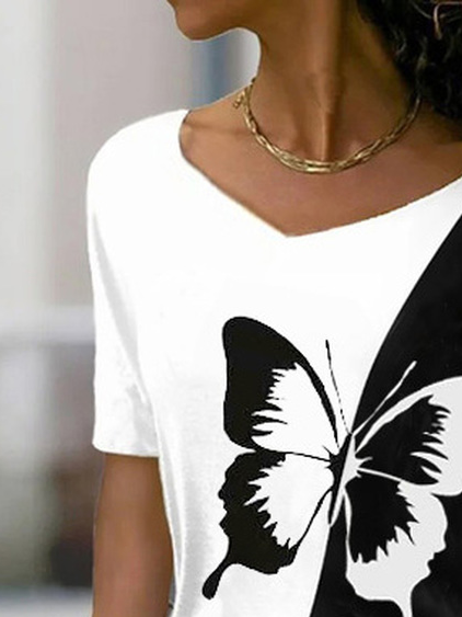 Women's Short Sleeve Tee T-shirt Summer Butterfly V Neck Casual Top