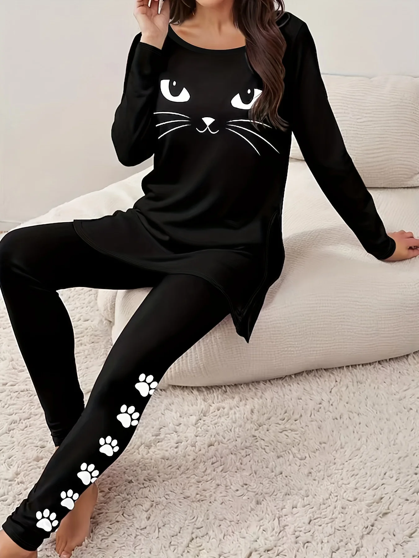 Women's Jersey Cat Daily Going Out Two Piece Set Long Sleeve Casual Spring/Fall Top With Pants Matching Set