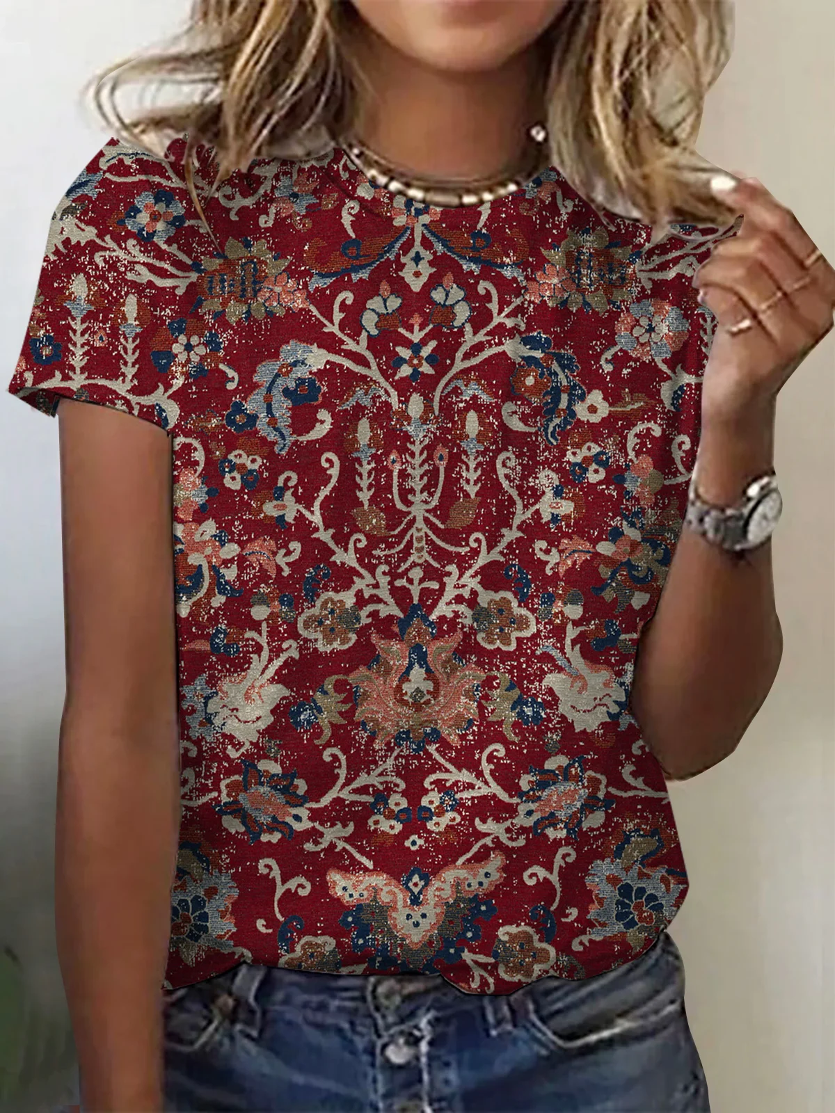 Women's Short Sleeve Tee T-shirt Summer Ethnic Crew Neck Casual Top