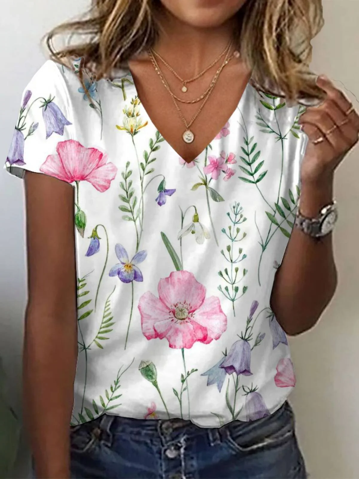 Women's Short Sleeve Tee T-shirt Summer Floral Jersey V Neck Daily Going Out Casual Top