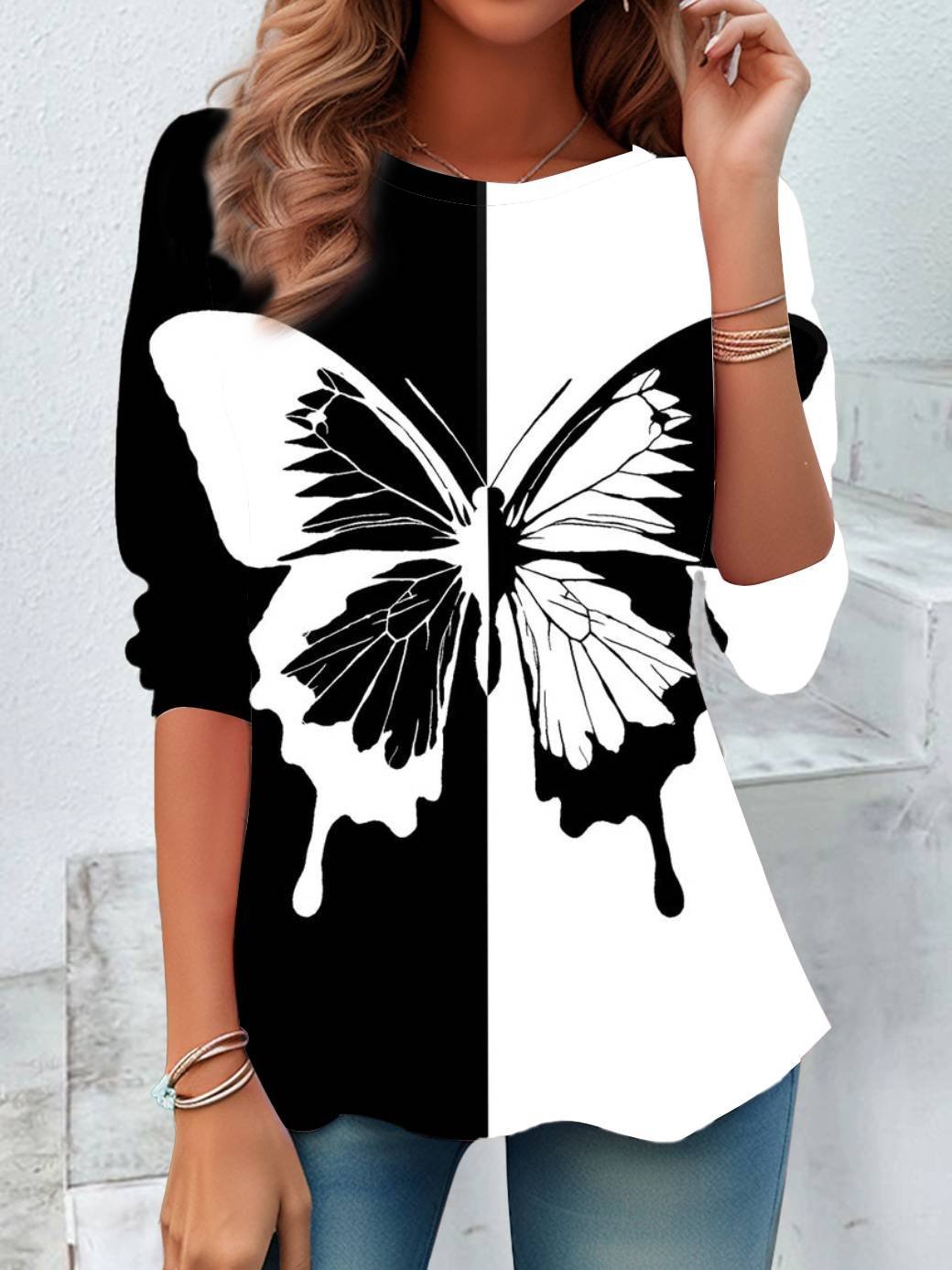 Women's Long Sleeve Tee T-shirt Spring/Fall Butterfly Jersey Crew Neck Daily Going Out Casual Top