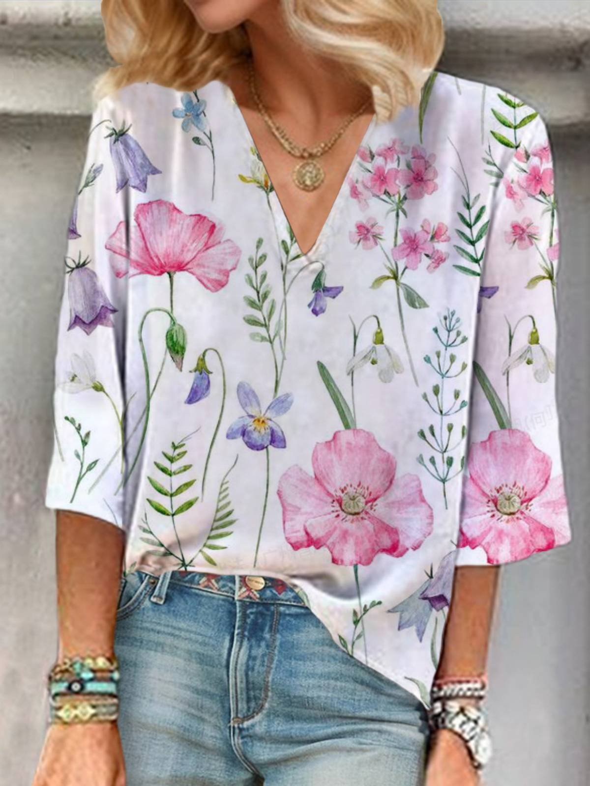 Women's Three Quarter Sleeve Blouse Spring/Fall Floral V Neck Daily Going Out Casual Top