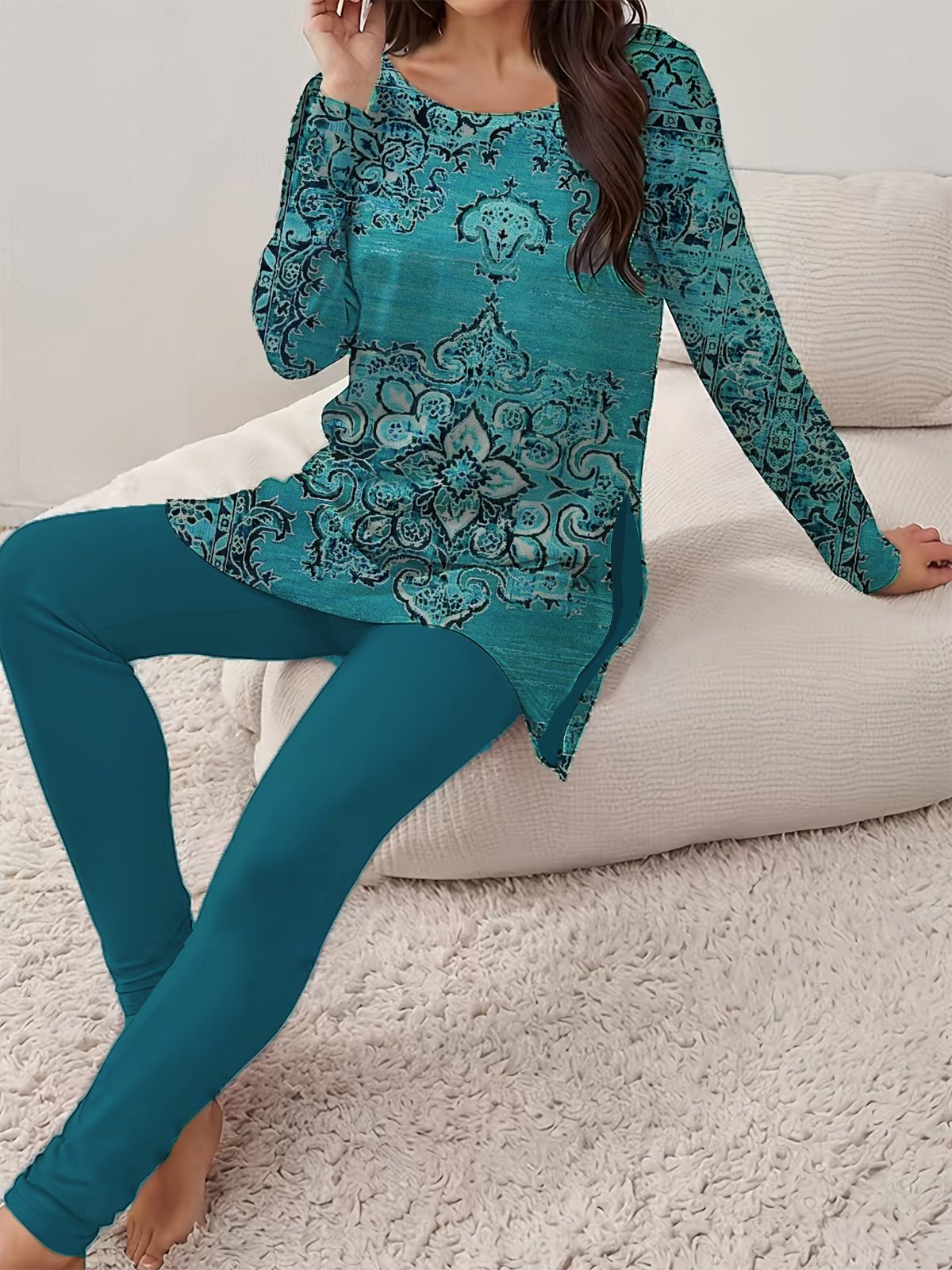 Women's Jersey Ethnic Daily Going Out Two Piece Set Long Sleeve Casual Spring/Fall Top With Pants Matching Set