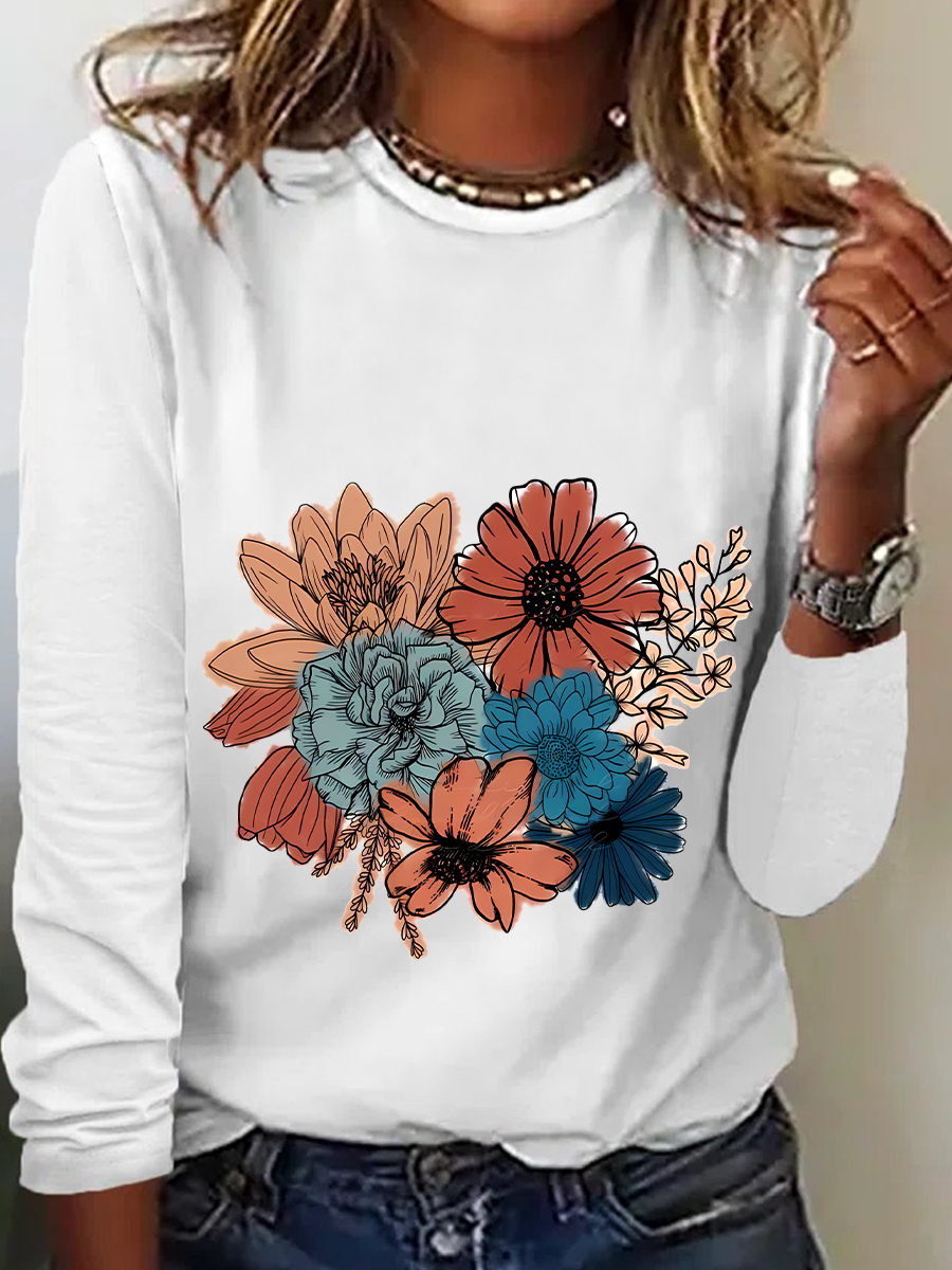 Women's Long Sleeve Blouse Spring/Fall Floral Crew Neck Daily Going Out Casual Top