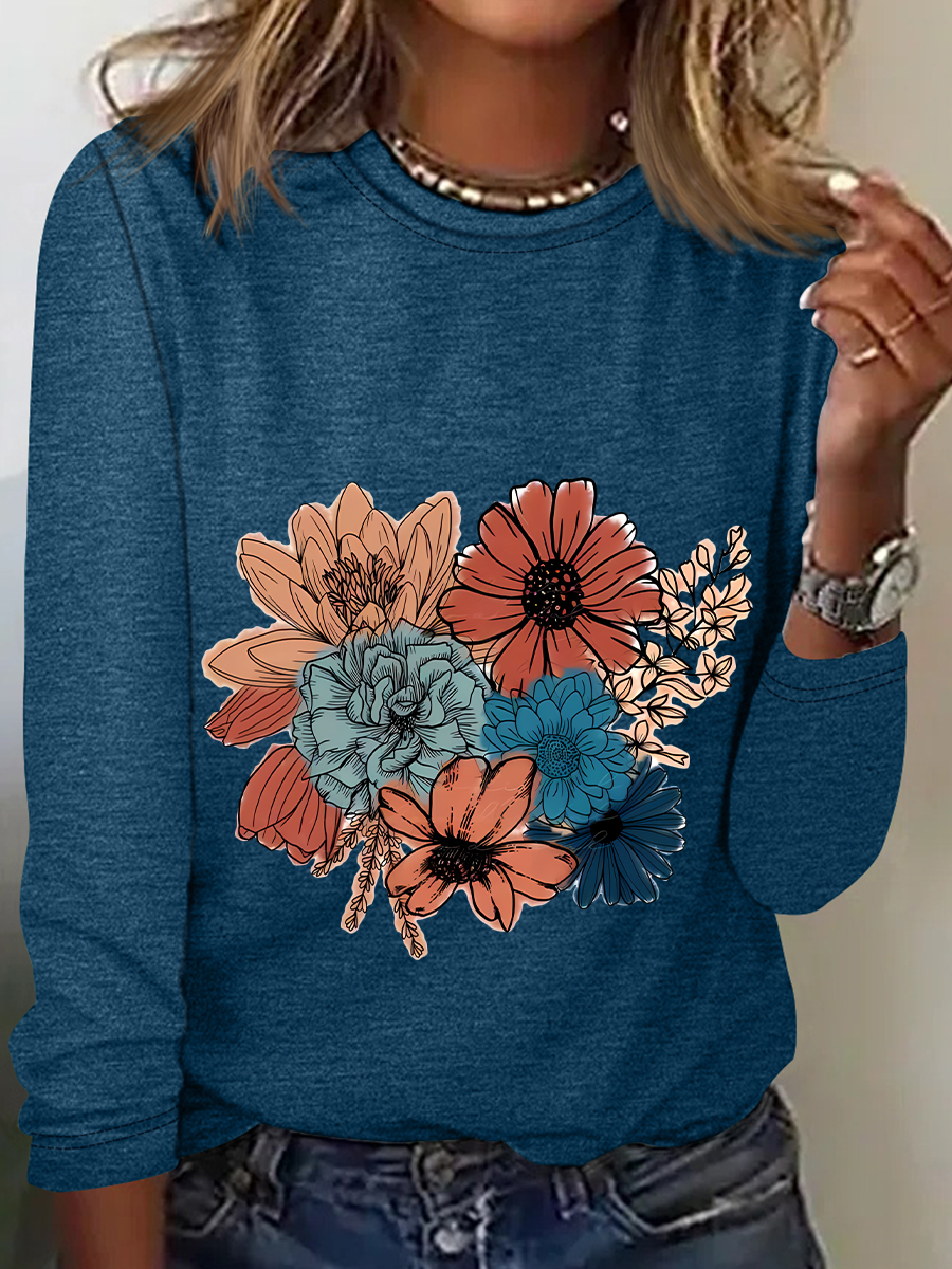 Women's Long Sleeve Blouse Spring/Fall Floral Crew Neck Daily Going Out Casual Top