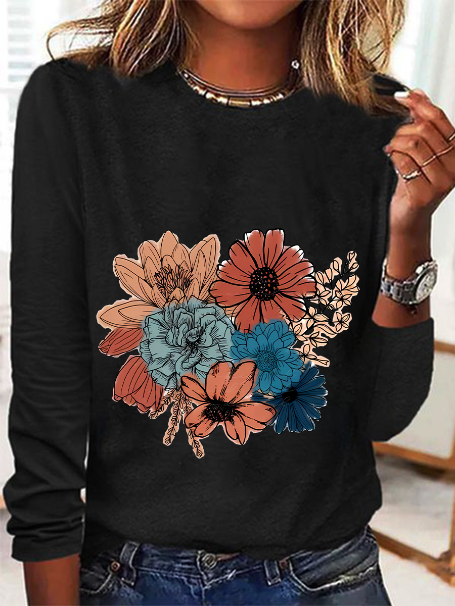 Women's Long Sleeve Blouse Spring/Fall Floral Crew Neck Daily Going Out Casual Top