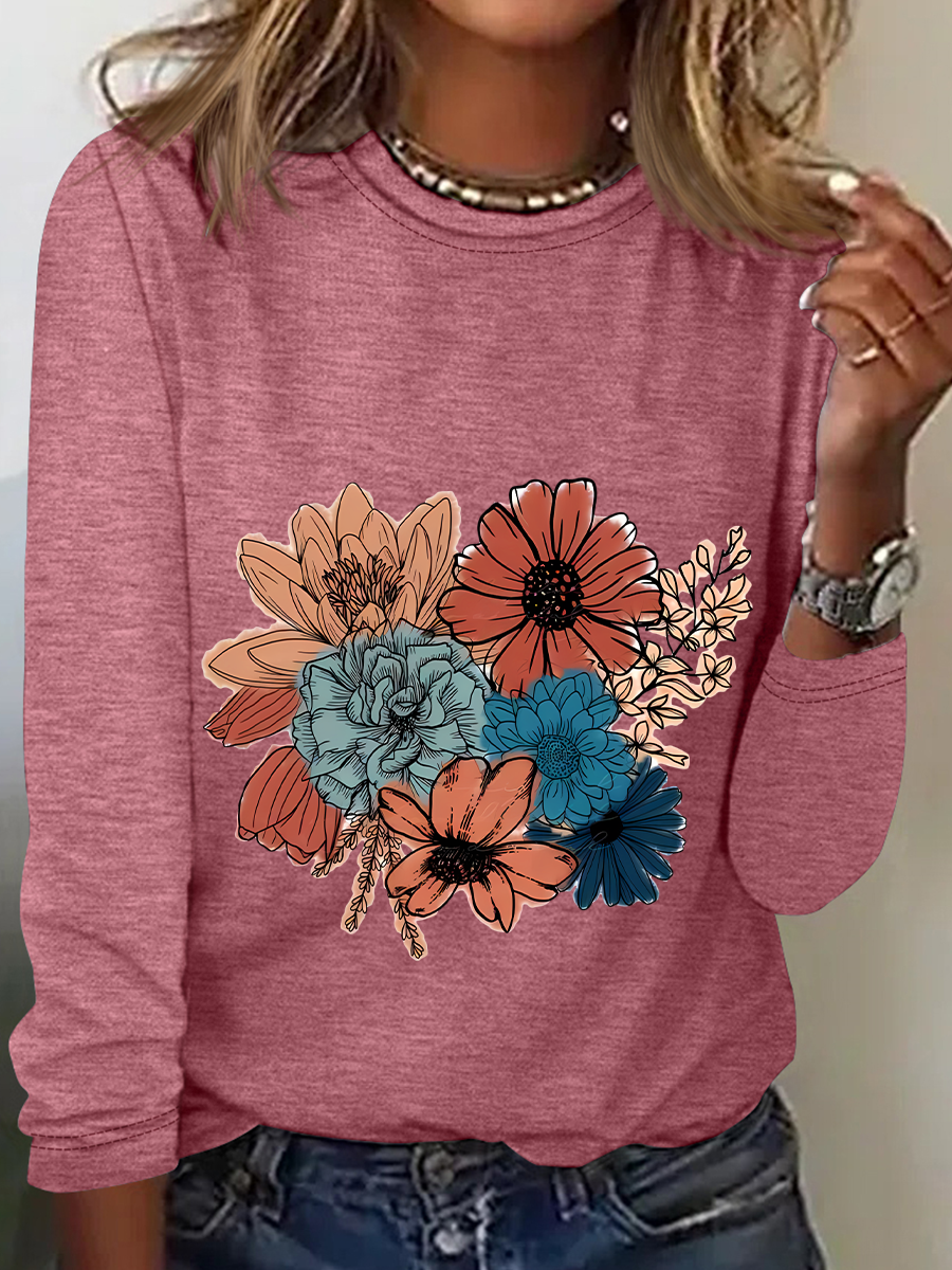 Women's Long Sleeve Blouse Spring/Fall Floral Crew Neck Daily Going Out Casual Top