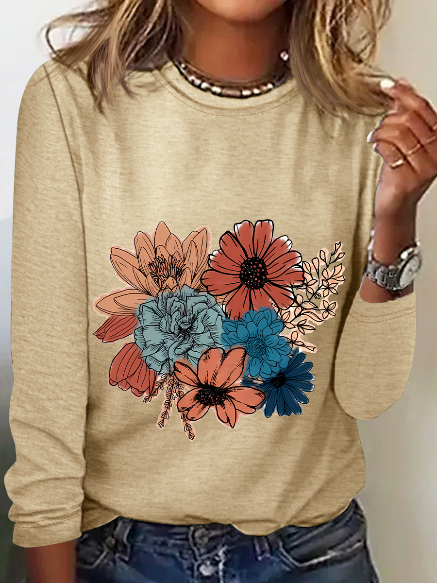 Women's Long Sleeve Blouse Spring/Fall Floral Crew Neck Daily Going Out Casual Top