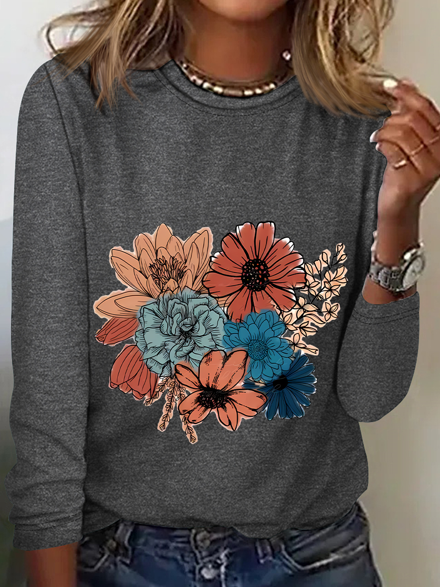 Women's Long Sleeve Blouse Spring/Fall Floral Crew Neck Daily Going Out Casual Top