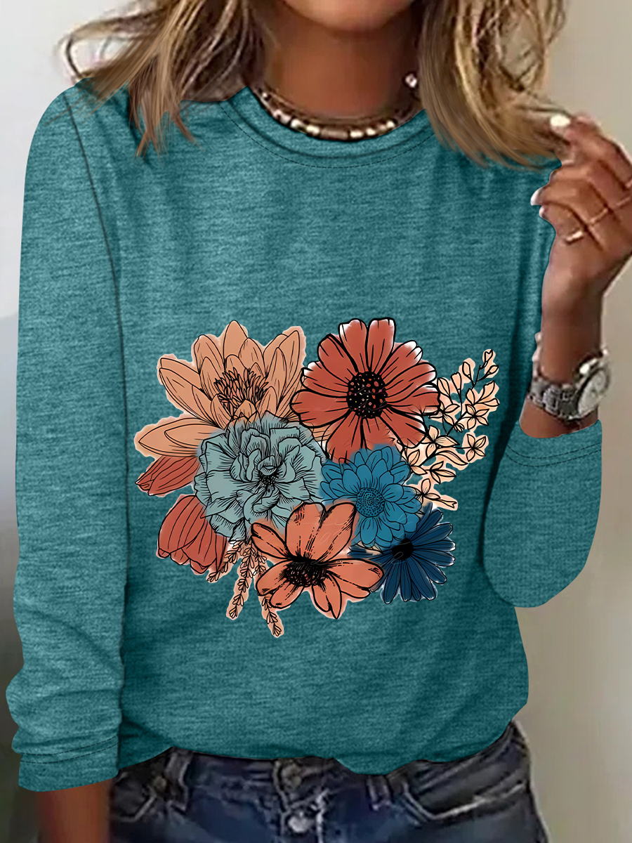 Women's Long Sleeve Blouse Spring/Fall Floral Crew Neck Daily Going Out Casual Top