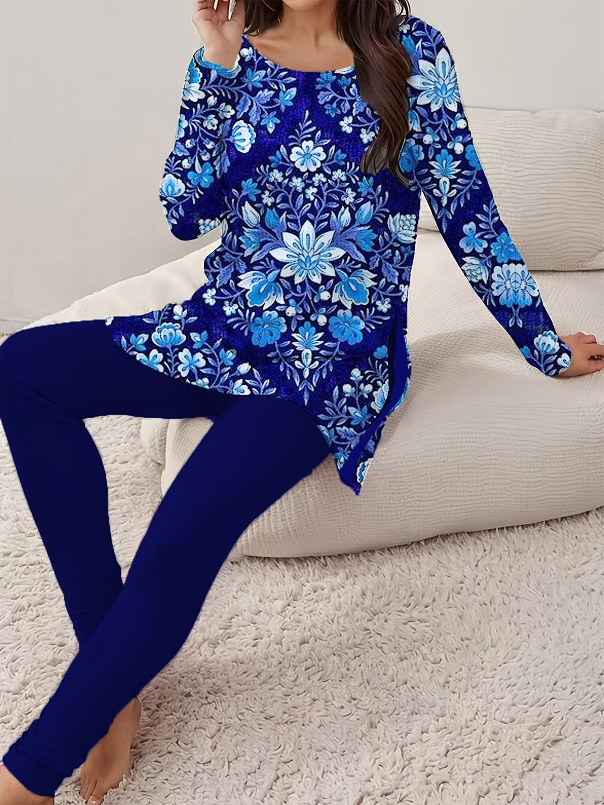 Women's Jersey Floral Daily Going Out Two Piece Set Long Sleeve Casual Spring/Fall Top With Pants Matching Set