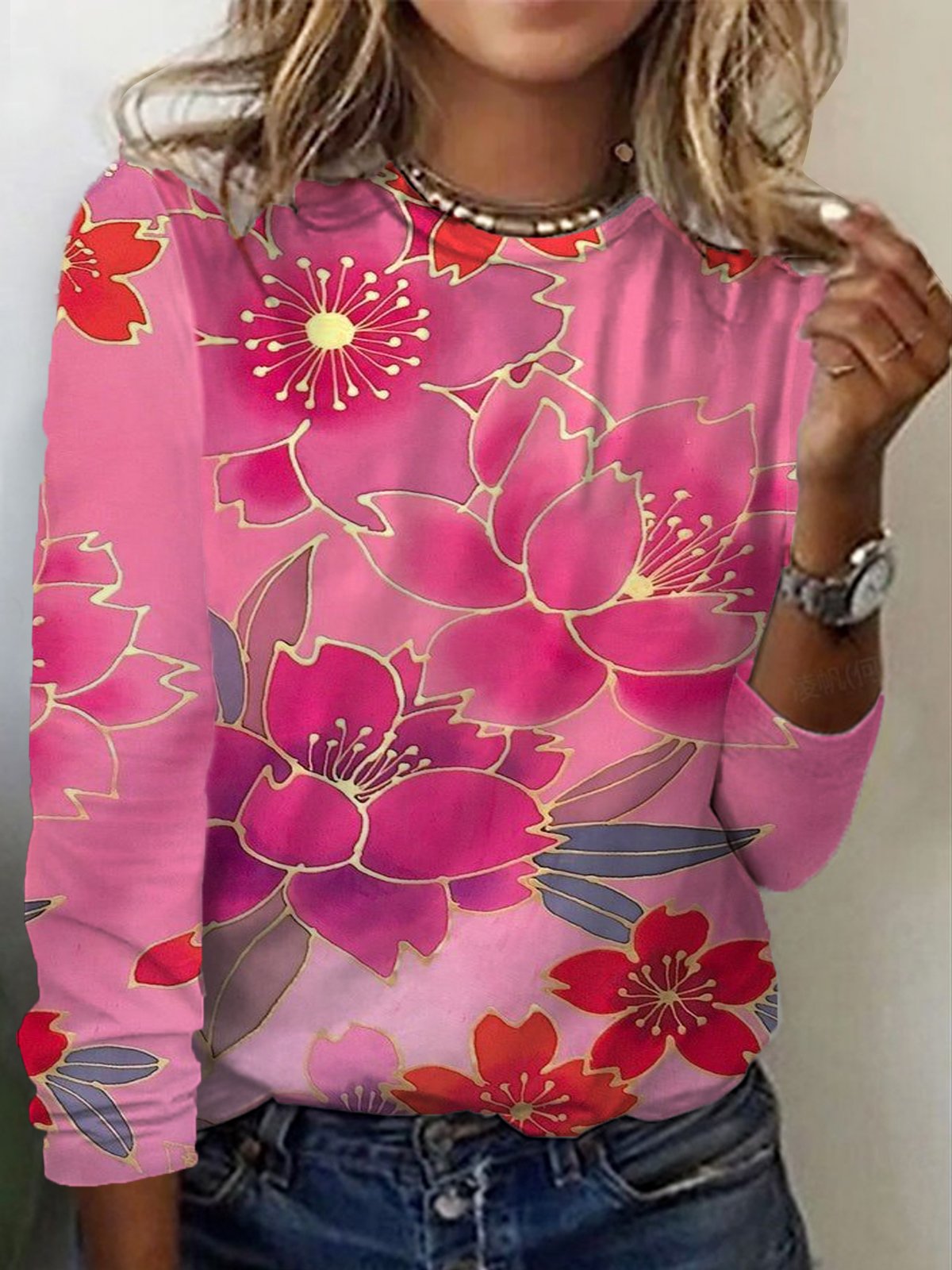 Women's Long Sleeve Tee T-shirt Spring/Fall Floral Crew Neck Casual Top