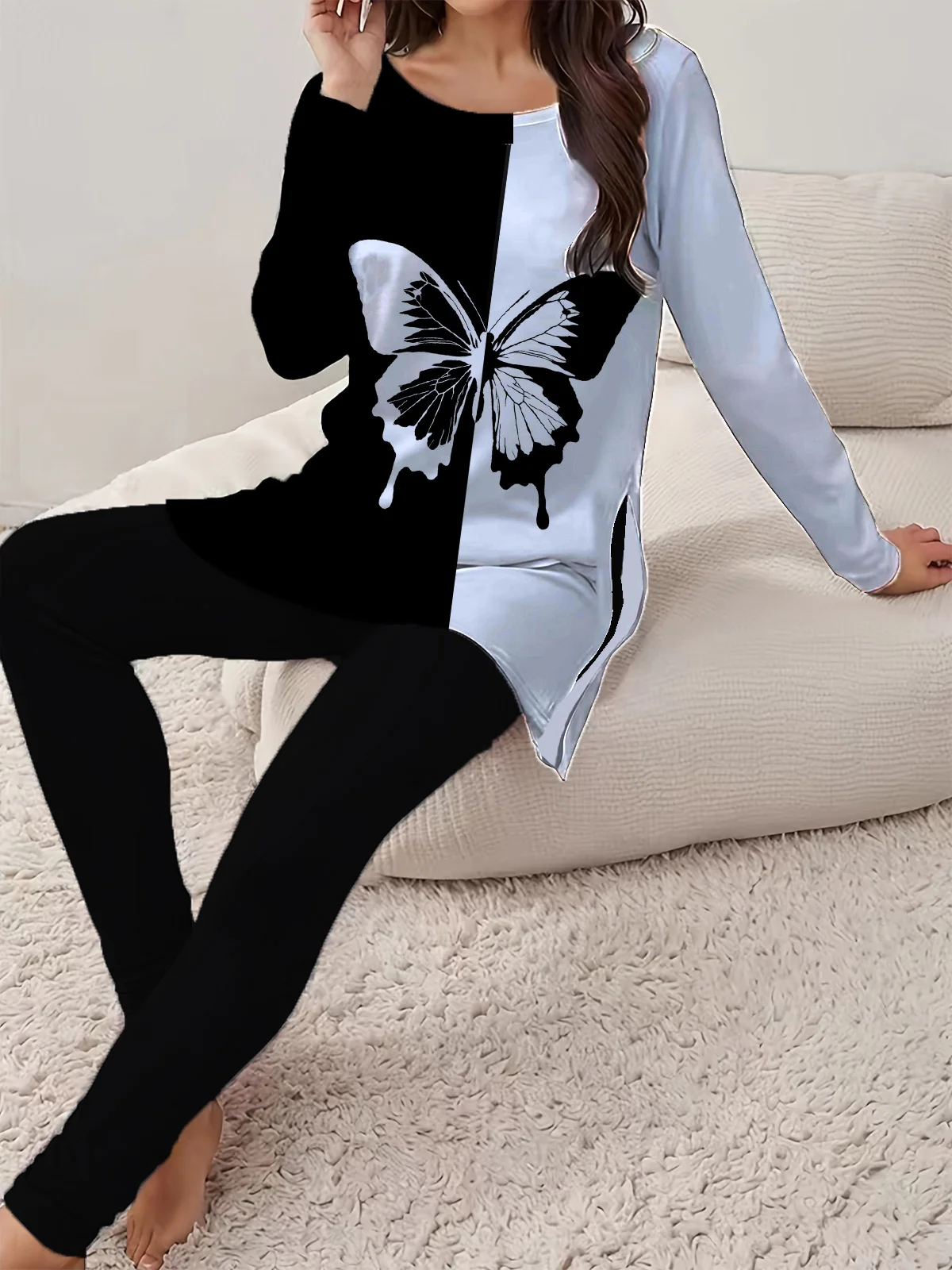 Women's Jersey Butterfly Daily Going Out Two Piece Set Long Sleeve Casual Spring/Fall Top With Pants Matching Set