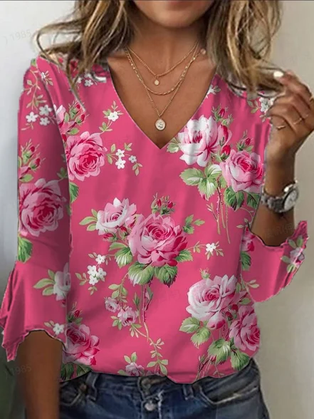 Women's Half Sleeve Tee T-shirt Summer Floral Printing V Neck Casual Top