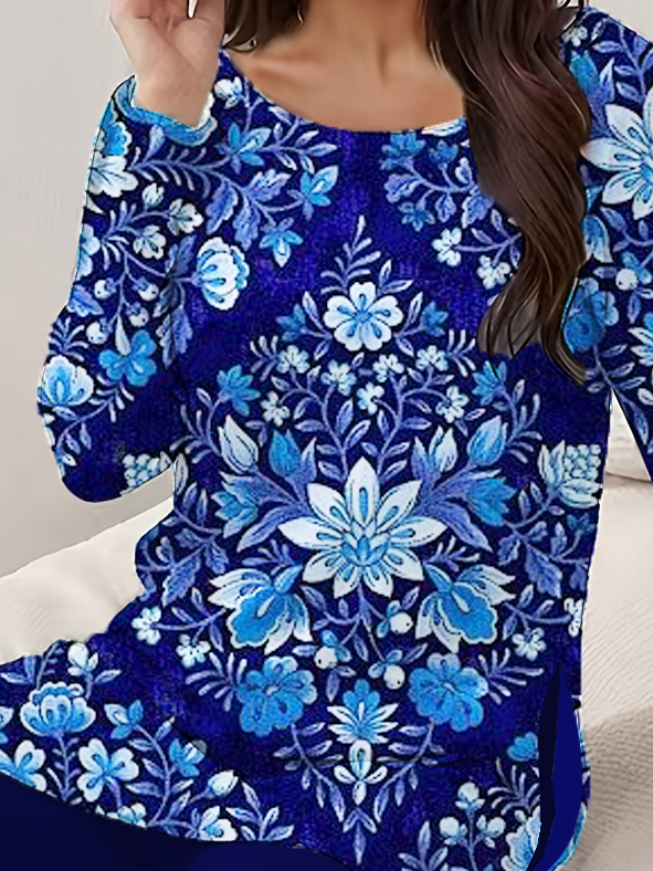 Women's Jersey Floral Daily Going Out Two Piece Set Long Sleeve Casual Spring/Fall Top With Pants Matching Set