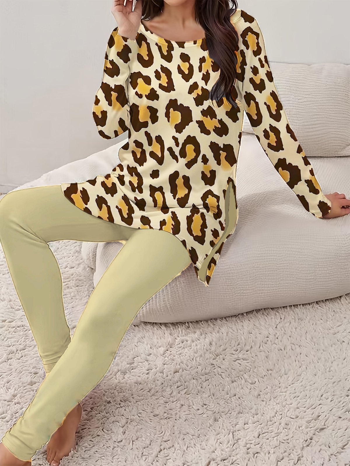 Women's Leopard Daily Going Out Two Piece Set Long Sleeve Casual Spring/Fall Top With Pants Matching Set