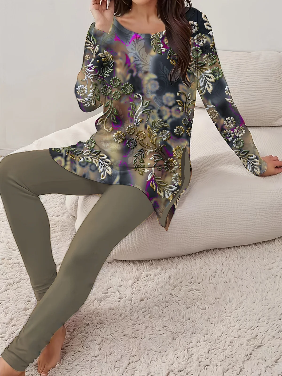 Women's Floral Daily Going Out Two Piece Set Long Sleeve Casual Spring/Fall Top With Pants Matching Set