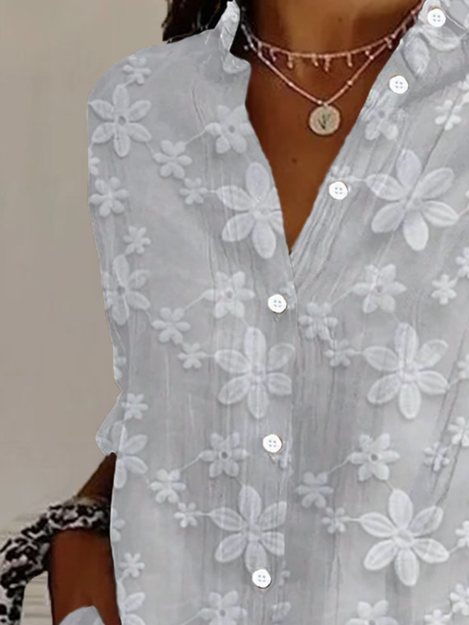 Women's Long Sleeve Shirt Spring/Fall Floral Buckle Shirt Collar Daily Going Out Casual Top