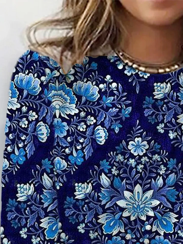 Women's Long Sleeve Tee T-shirt Spring/Fall Floral Crew Neck Casual Top