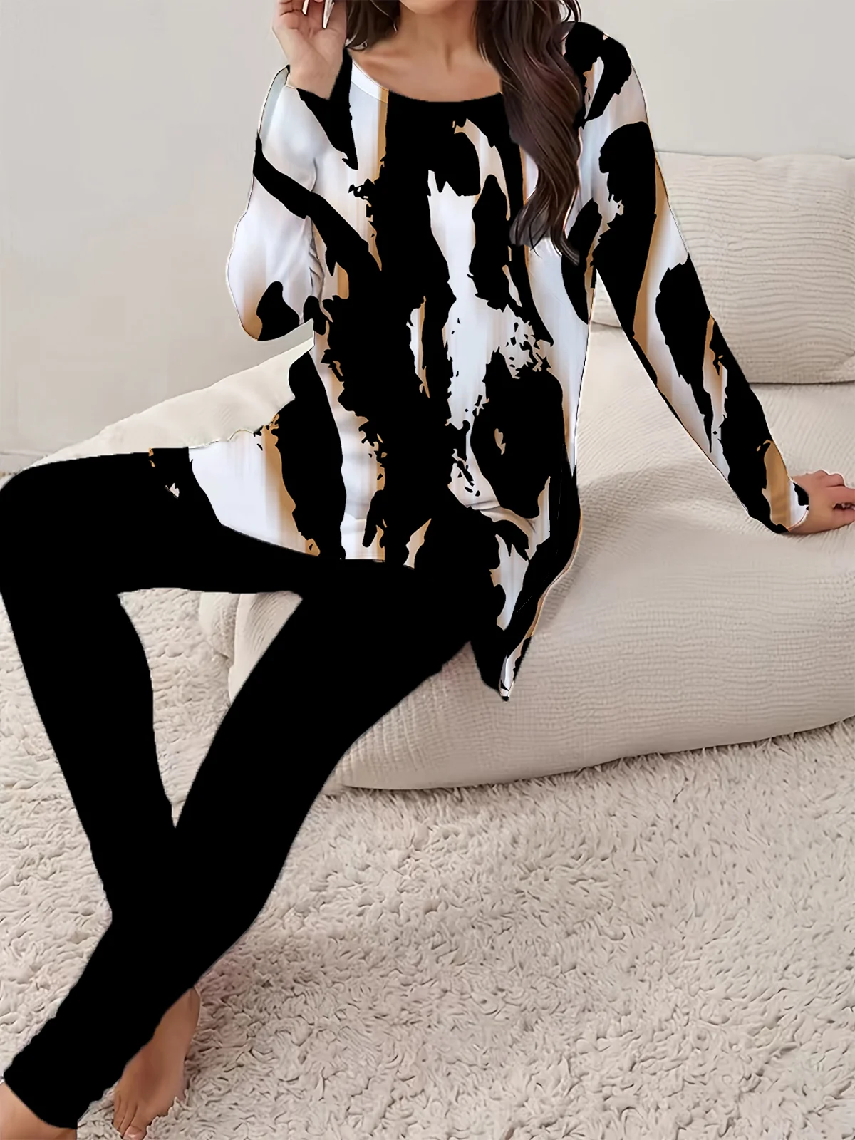 Women's Jersey Zebra Daily Going Out Two Piece Set Long Sleeve Casual Spring/Fall Top With Pants Matching Set