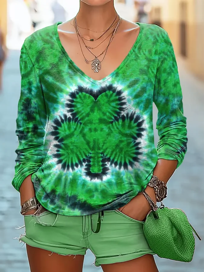 Women's Shamrock Long Sleeve Tee T-shirt V Neck Vintage Spring/Fall Top