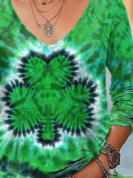 Women's Shamrock Long Sleeve Tee T-shirt V Neck Vintage Spring/Fall Top