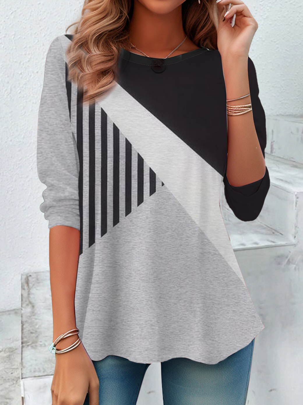 Women's Long Sleeve Tee T-shirt Spring/Fall Striped Printing Crew Neck Casual Top